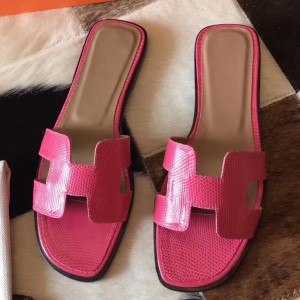 Hermes Oran Sandals In Rose Red Lizard Leather