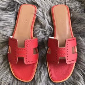 Hermes Oran Perforated Sandals In Red Epsom Leather