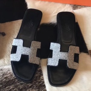 Hermes Oran Sandals In Black Suede With Crystal