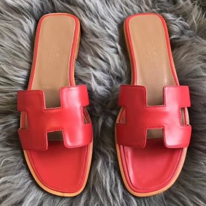 Hermes Oran Sandals In Red Swift Leather