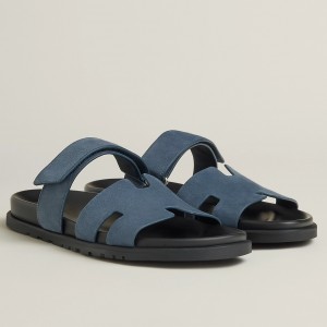 Hermes Men's Chypre Sandals in Blue Suede Calfskin 