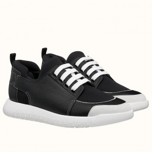 Hermes Vitesse Sneaker In Black Epsom and Technical Canvas