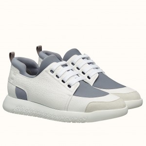 Hermes Vitesse Sneaker In White Epsom and Technical Canvas