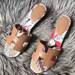 Hermes Camel Swift Oasis Sandals with Fantaisie Botanique Printed