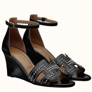 Hermes Legend Wedge Sandal In Black Calfskin With Studs