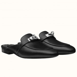 Hermes Oz Mules In Noir Calfskin Leather