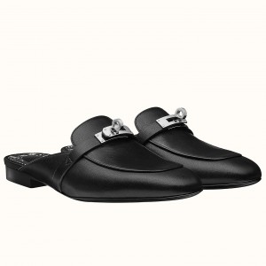 Hermes Oz Mules In Noir Calfskin Leather