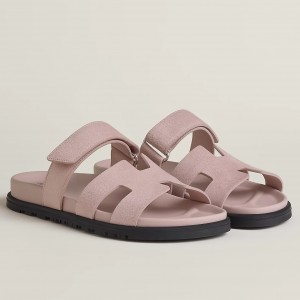 Hermes Women's Chypre Sandals In Pink Suede Calfskin 