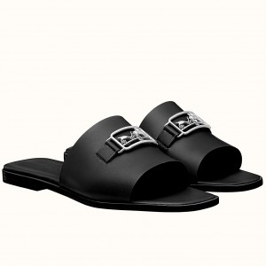 Hermes Villa Sandals In Black Calfskin