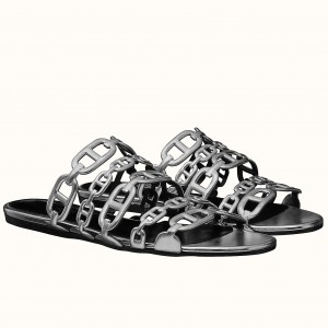 Hermes Thalassa Sandals In Silver Metallic Calfskin