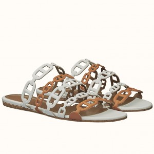 Hermes Thalassa Sandals In Brown/White Lambskin