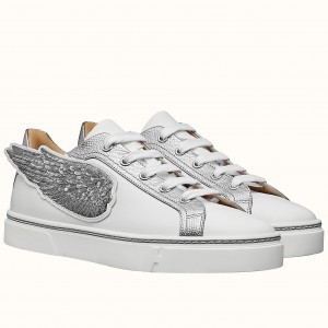 Hermes Velvet Sneakers In Blanc Calfskin With Printed Wing Patch