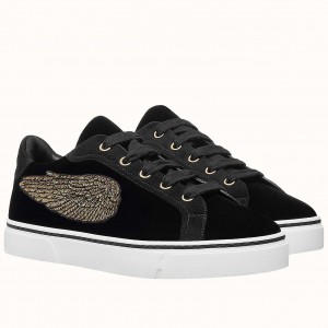 Hermes Velvet Sneakers In Black Velvet With Embroidered Wing Patch