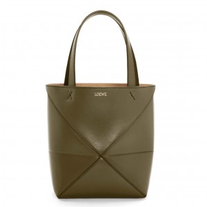 Loewe Mini Puzzle Fold Tote Bag in Dark Green Calfskin