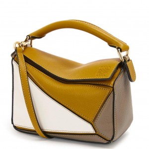 Loewe Puzzle Mini Bag In Ochre/White/Taupe Calfskin