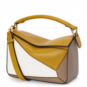 Loewe Puzzle Small Bag In Ochre/White/Taupe Calfskin