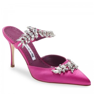 Manolo Blahnik Lurum 90mm Mules In Rose Satin With Crystal