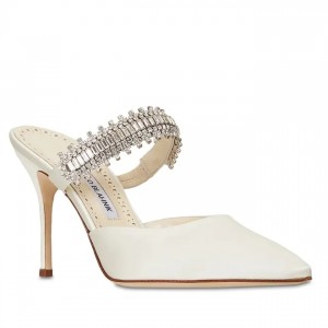 Manolo Blahnik Lutara Crystal 90mm Mules In White Satin