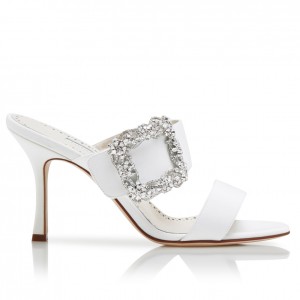 Manolo Blahnik White Gable Jewel 75mm Sandals 