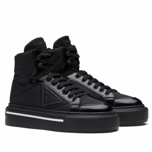 Prada Women's Macro High-top Sneakers In Black Re-Nylon And Leather