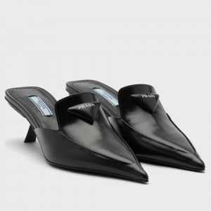 Prada Sabots Mules In Black Brushed Leather 