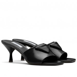 Prada Mid-heeled Slides In Black Brushed Leather