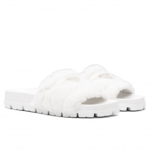 Prada Slide Slippers In White Quilted Shearling 
