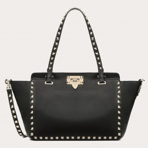 Valentino Small Rockstud Tote In Black Grain Calfskin