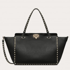 Valentino Medium Rockstud Tote In Black Grain Calfskin