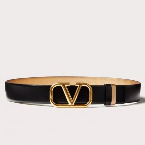 Valentino VLogo Reversible Belt 30mm in Black and Gold Metallic Calfskin