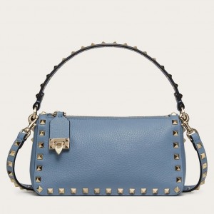 Valentino Small Rockstud Crossbody Bag In Blue Grainy Calfskin