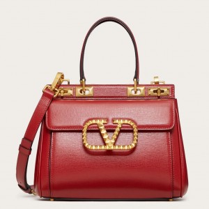 Valentino Medium Rockstud Alcove Top Handle Bag In Red Calfskin