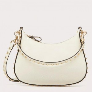 Valentino Rockstud Small Hobo Bag in White Grainy Calfskin