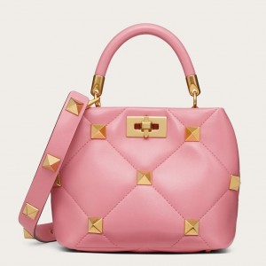 Valentino Small Roman Stud Top Handle Bag In Flamingo Nappa
