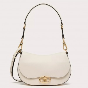 Valentino Garavani Ohval Small Shoulder Bag in White Calfskin