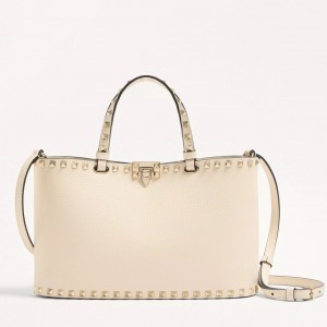 Valentino Rockstud Small Shopping Bag in White Grainy Calfskin