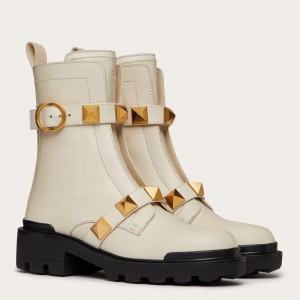 Valentino Roman Stud Combat Boots In White Calfskin