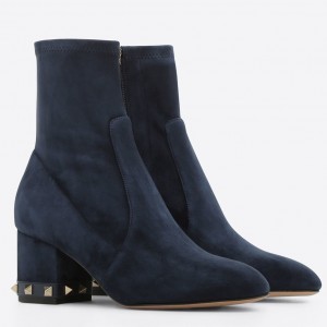 Valentino Dark Blue Stretch Suede 60mm Rockstud Bootie