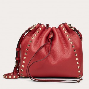 Valentino Small Rockstud Bucket Bag In Red Grained Calfskin