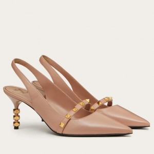 Valentino Beige Rockstud Slingback Pumps With Sculpted Heel