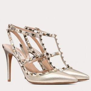 Valentino Rockstud Ankle Strap Pump 100mm In Gold Grainy Calfskin 