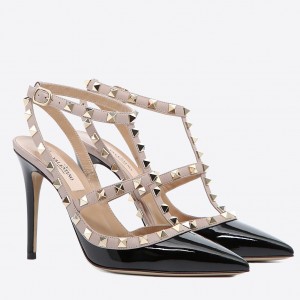 Valentino Rockstud Ankle Strap Pump In Black Patent Leather
