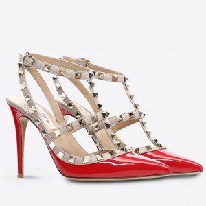 Valentino Rockstud Ankle Strap Pump In Red Patent Leather