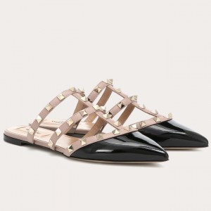 Valentino Rockstud Flat Mules In Black Patent Leather 