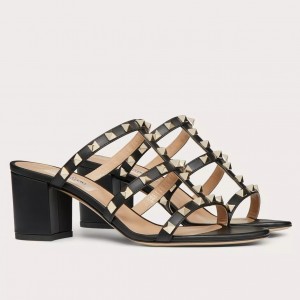 Valentino Rockstud Slide Sandals 60mm In Black Calfskin