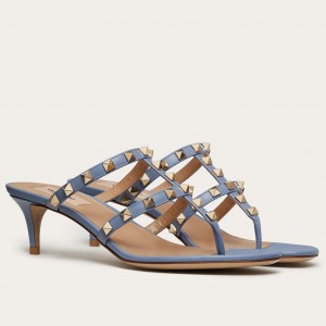 Valentino Rockstud Flip Flop Sandals 50mm In Blue Calfskin