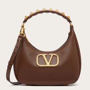 Valentino Stud Sign Hobo Bag In Dark Brown Calfskin