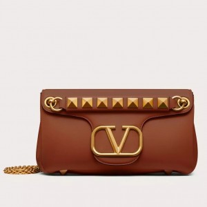 Valentino Stud Sign Shoulder Bag In Brown Nappa Leather