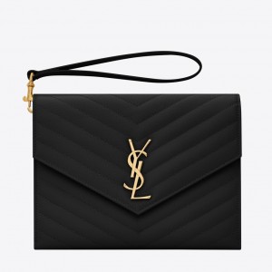 Saint Laurent Monogram Clutch In Black Grained Leather