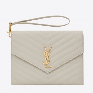 Saint Laurent Monogram Clutch In White Grained Leather